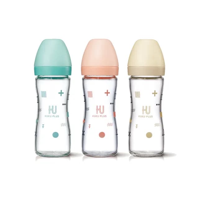 【KU.KU. 酷咕鴨】KUKU PLUS純真之瞳寬口玻璃奶瓶240ml3入組(氣泡藍/莓果粉/伯爵奶)