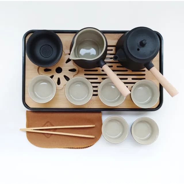 【Life shop】陶瓷側把壺旅行茶具套組/附收納包(茶具 旅行泡茶 泡茶茶杯 交換禮物 茶器套裝組)