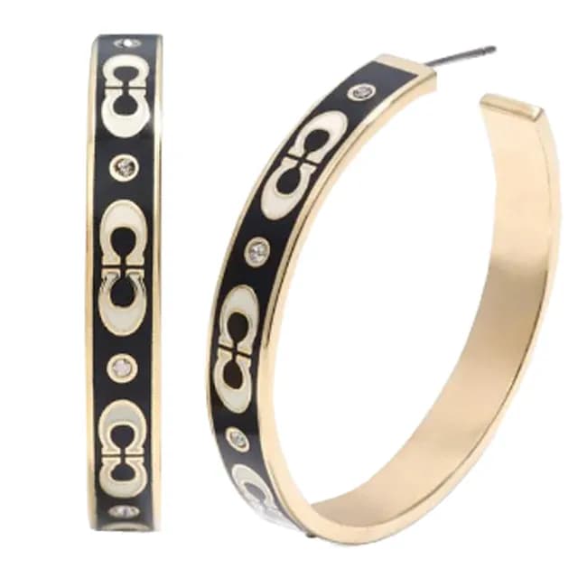 【COACH】黑X白C LOGO金色大圓圈針式耳環