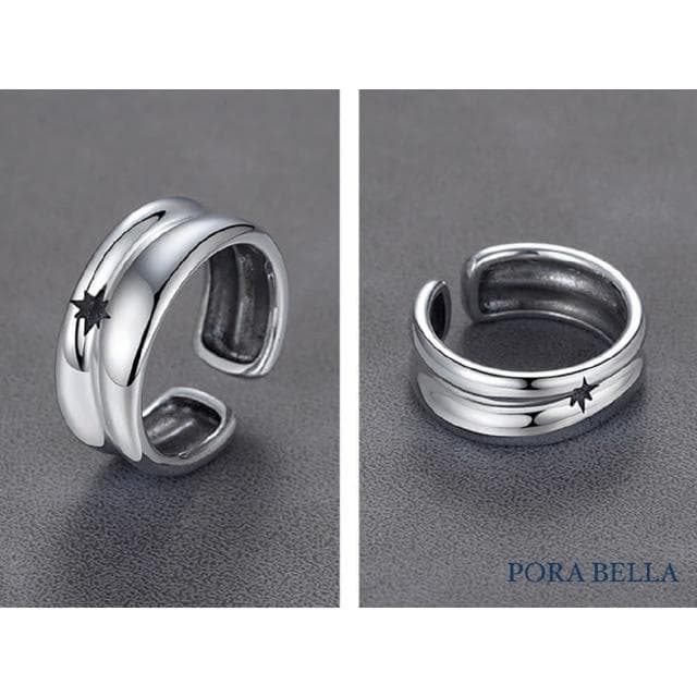 【Porabella】S925純銀泰銀星星簡約光面雙層圓環戒指 氣質帥氣個性 可調節式戒指 送男友 生日禮物 Rings