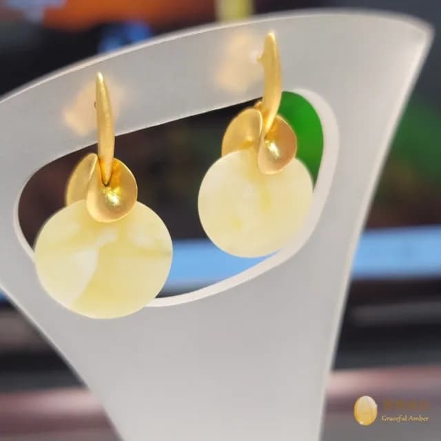 【優雅琥珀】母親節禮物  白花蜜蠟耳環(含優美蜜蠟流紋 925純銀鍍金)