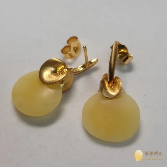 【優雅琥珀】母親節禮物  白花蜜蠟耳環(含優美蜜蠟流紋 925純銀鍍金)