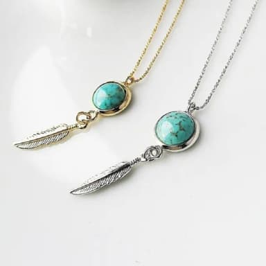 【日本MELODY ACCESSORY】日本製典雅浪漫奢華百搭日式輕珠寶綠松石土耳其石羽毛銀項鍊 附延長鏈(銀色)