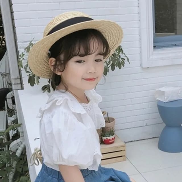 【橘魔法】清新蕾絲荷葉蓬袖娃娃衫 (短袖上衣 上衣 女童 兒童 中童 童裝)