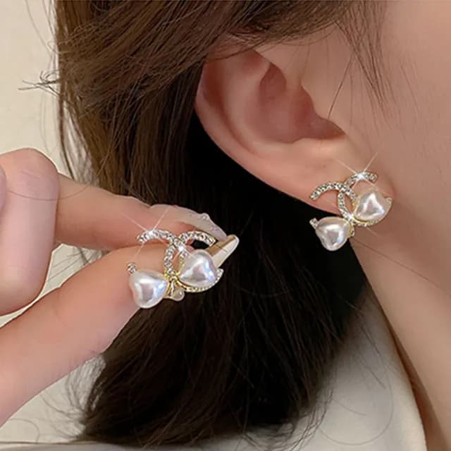 【BBHONEY】氣質小香風 雙C字心型蝴蝶結耳環(甜美韓風)
