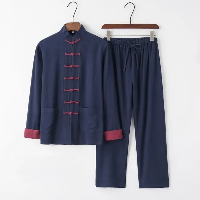 【巴黎精品】父親節禮物 新中式 唐裝漢服套裝兩件套(中國風亞麻長袖復古長褲男套裝9色a1bx8)