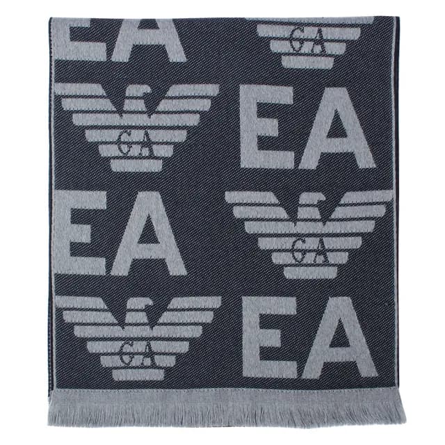 【EMPORIO ARMANI】滿版EA老鷹LOGO雙面羊毛流蘇圍巾(灰/灰藍)