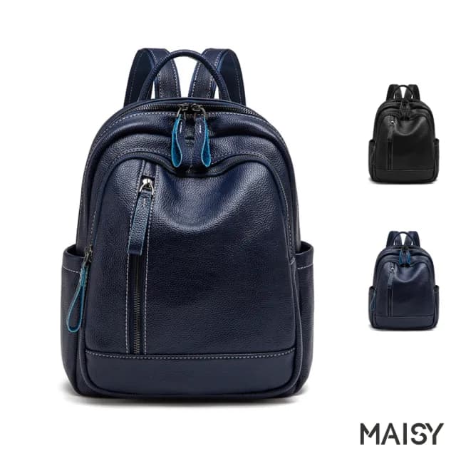 【MAISY】情人節禮物 歐美荔枝紋軟皮女士後背包(現+預 黑色／藍色)