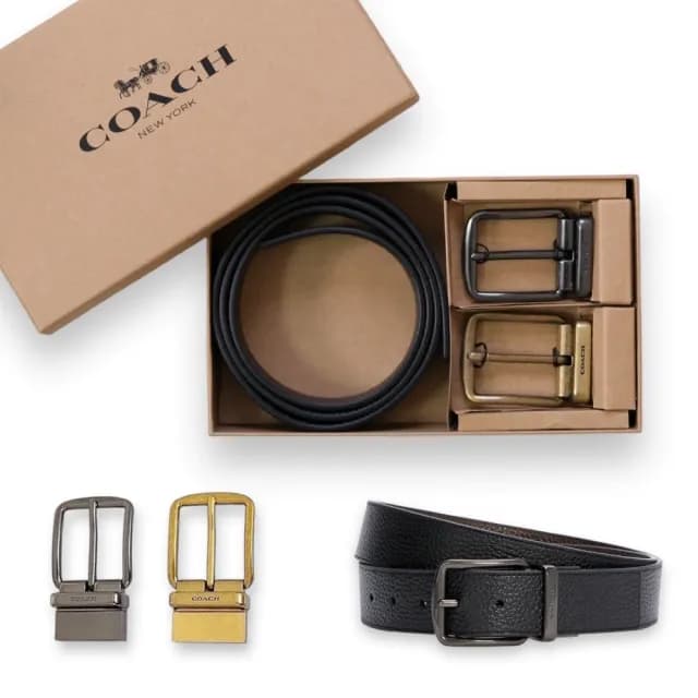 【COACH】專櫃禮盒版 男生 牛皮 皮帶 雙扣頭 黑色素面 兩用 男款 腰帶(Coach CQ081 男士 皮帶)