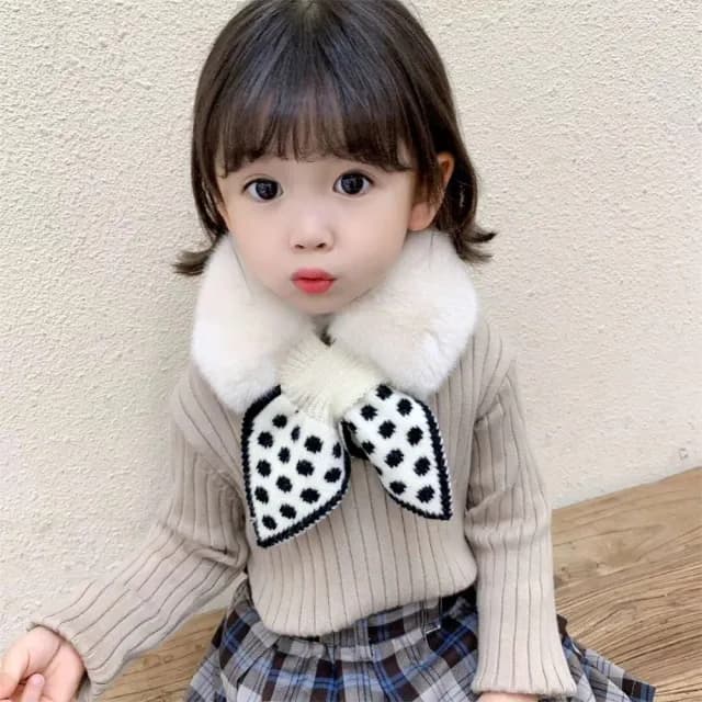 【安朵童舖】現貨韓版兒童毛絨圍巾圓點拼接毛絨圍巾女童毛絨小領圍巾(44)