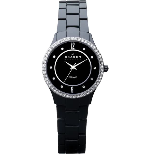 【SKAGEN】超薄陶瓷晶鑽女錶-黑 禮物 送禮 推薦(347SBXBC)