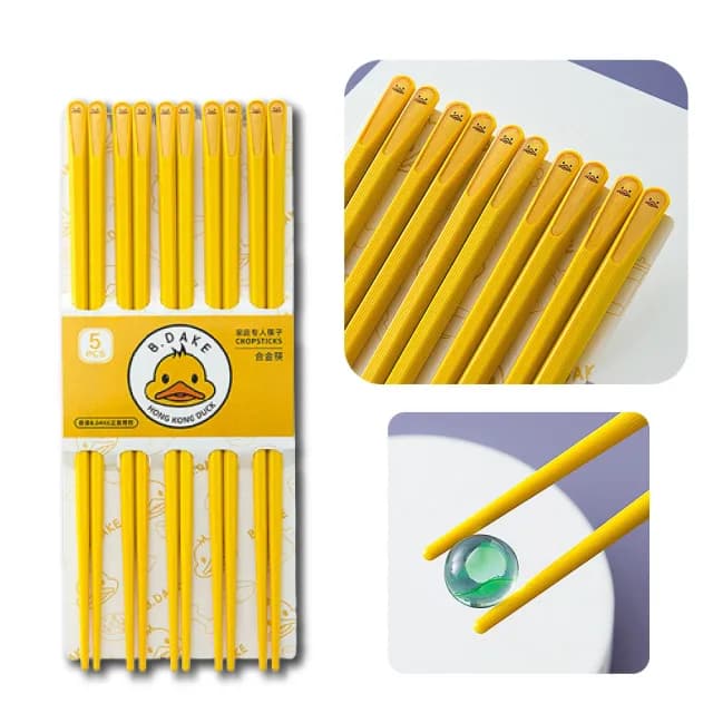 【可愛造型】超萌鴨卡通合金筷子-5雙入組(抗菌 兒童 家庭餐廚 露營 環保餐具 禮物 拍攝道具 廚房用品)