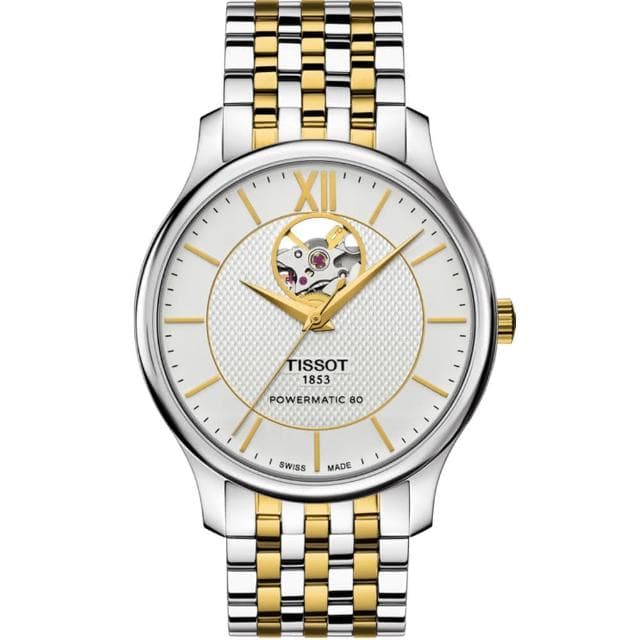 【TISSOT 天梭 官方授權】Tradition 80小時動力鏤空機械腕錶-銀x雙色/40mm 情人節 禮物(T0639072203800)