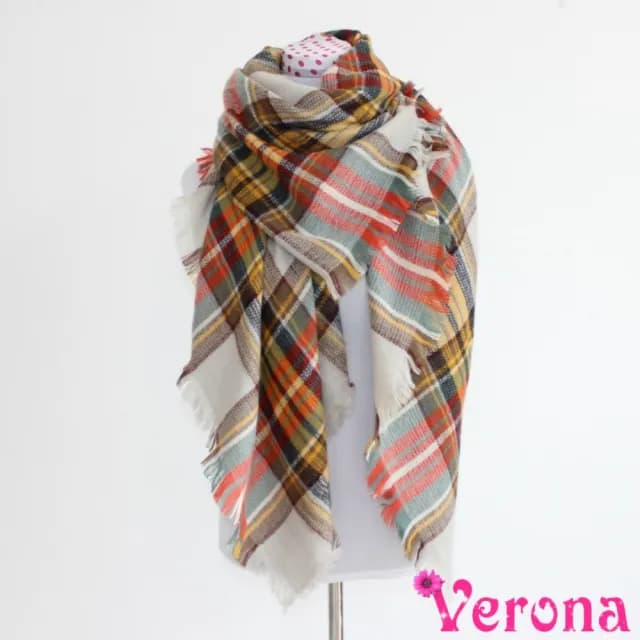 【Verona】歐美彩格仿羊絨大方巾批肩圍巾
