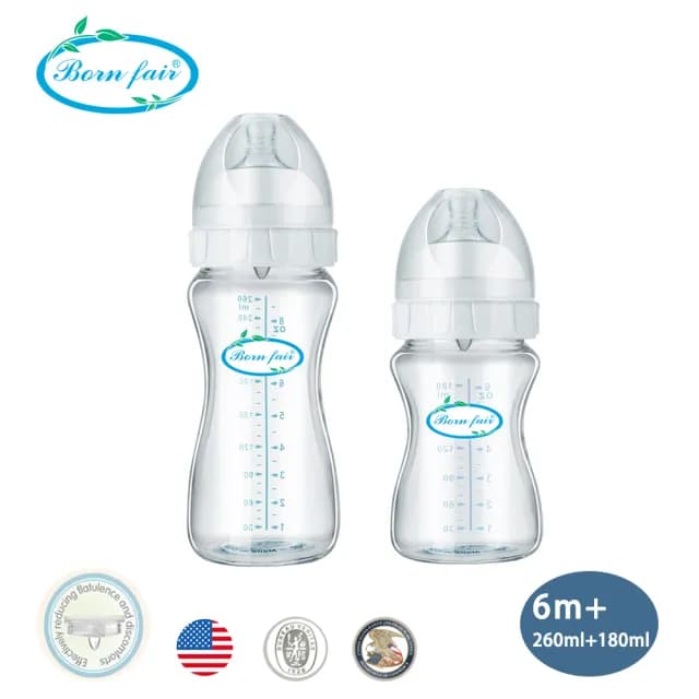【美國Born Fair】寬口防脹氣玻璃奶瓶兩入組(260ml+180ml)