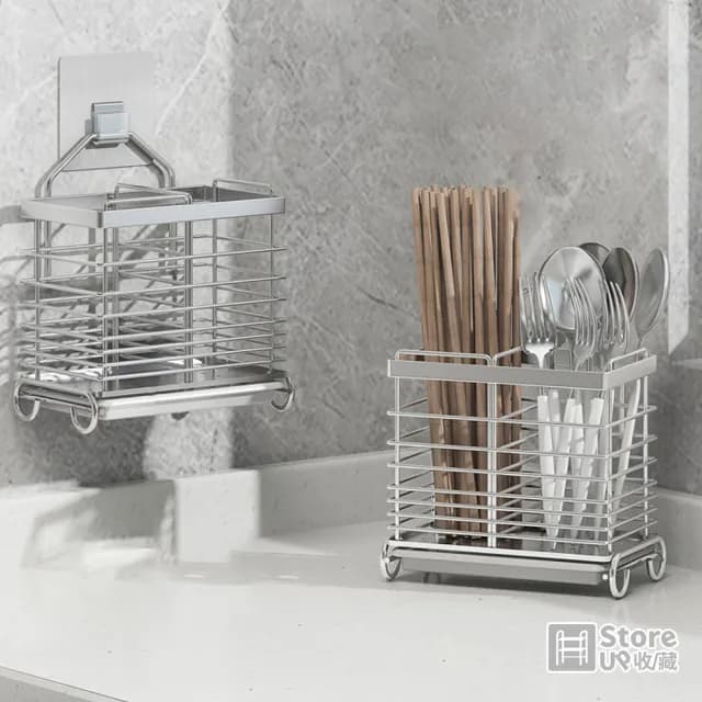 【Store up 收藏】頂級304不鏽鋼 可掛可立兩用大容量分隔筷筒 餐具筒-可貼牆面(AD107)