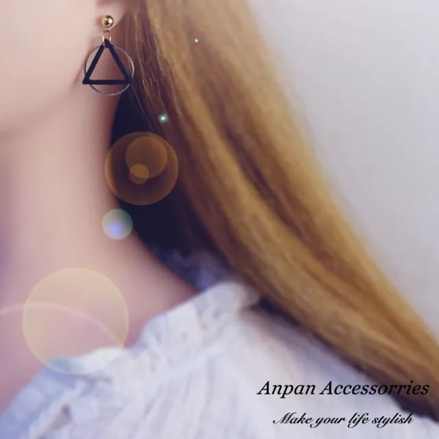 【Anpan】925銀針韓南大門浪漫黑幾何三角環圈夾式 耳環