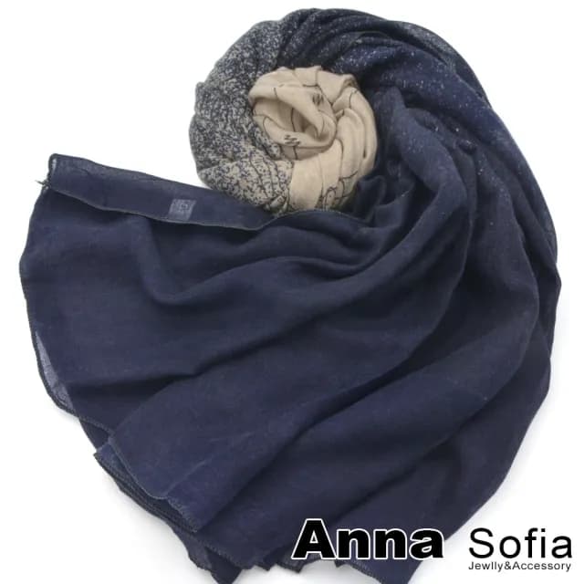 【AnnaSofia】圍巾披肩-灑點舞線 拷克邊棉麻感 現貨(駝藏藍系)