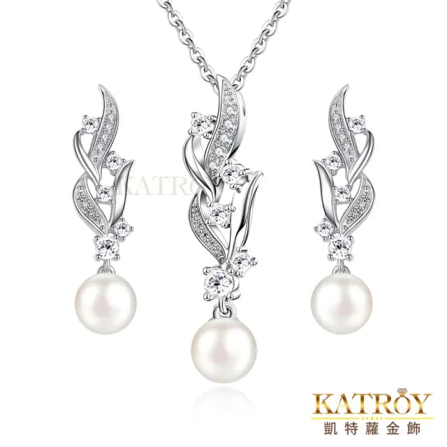 【KATROY】天然珍珠項鍊 925純 正圓白珍珠 6.0-6.5 mm 純銀項鍊耳環套組 母親節禮物 PG5128(銀色白鋯)