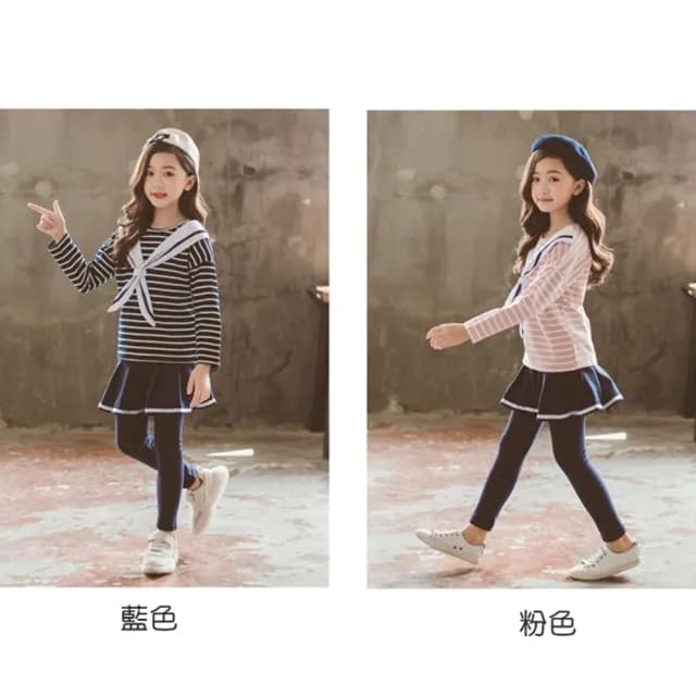【橘魔法】海軍風條紋上衣+褲裙(套裝 條紋上衣 女童 兒童 童裝)