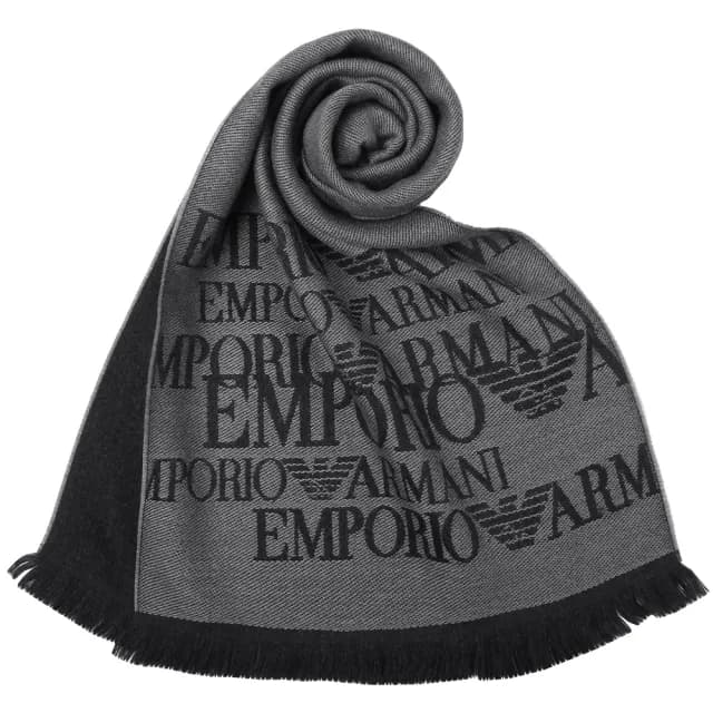 【EMPORIO ARMANI】經典字母LOGO雙色羊毛流蘇圍巾(淺灰色)