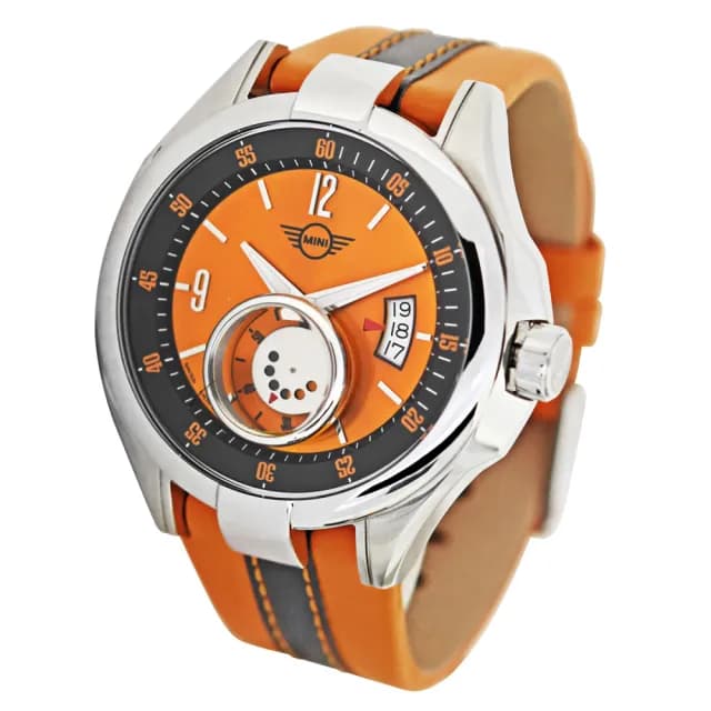 【MINI SWISS WATCHES】石英錶 45mm 深灰底橘錶面 橘灰相間皮錶帶(橘色 父親節禮物)