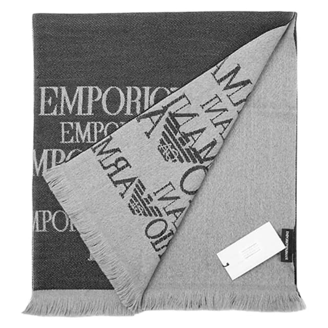 【EMPORIO ARMANI】經典字母LOGO雙色羊毛流蘇圍巾(灰色)