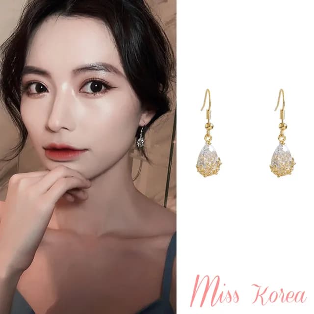 【MISS KOREA】韓國設計925純銀耳勾法式浪漫水滴寶石花朵耳環