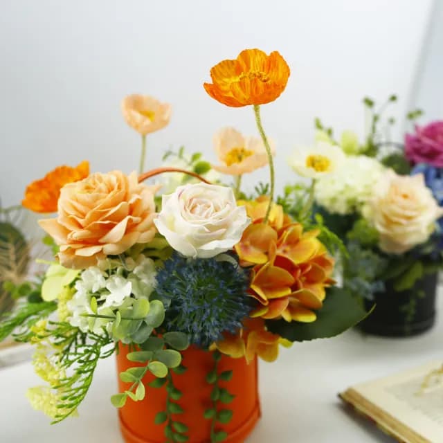 【HUGO DECO 榆果傢飾】橘玫瑰虞美人香氛花藝(擬真花/香氛/送禮/送花/端午節)