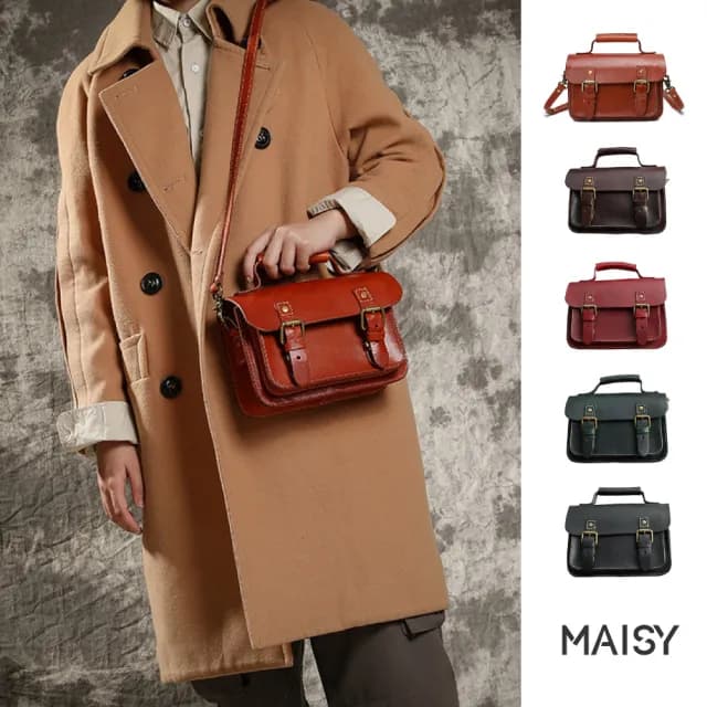 【MAISY】情人節禮物 復古手工植揉皮手提劍橋包(現+預  棕色 / 綠色 / 紅色 / 咖啡色 / 黑色)