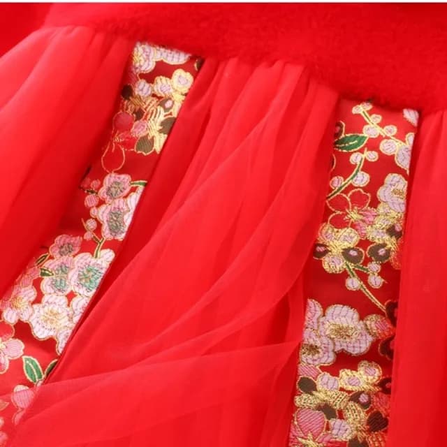 【橘魔法】日式旗袍領拚接毛絨盤扣紗裙洋裝(連衣裙 大紅 新衣 新年 過年 喜宴 童裝 唐裝 女童 拜年服 保暖)