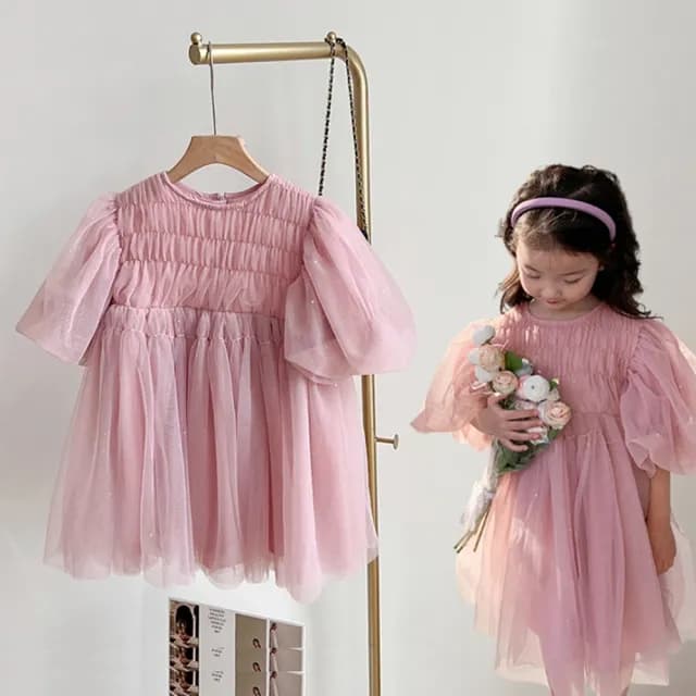 【橘魔法】仙氣抓皺閃亮紗質公主袖洋裝(連衣裙 連身裙 短袖洋裝 大童 女童 童裝 兒童 禮服)