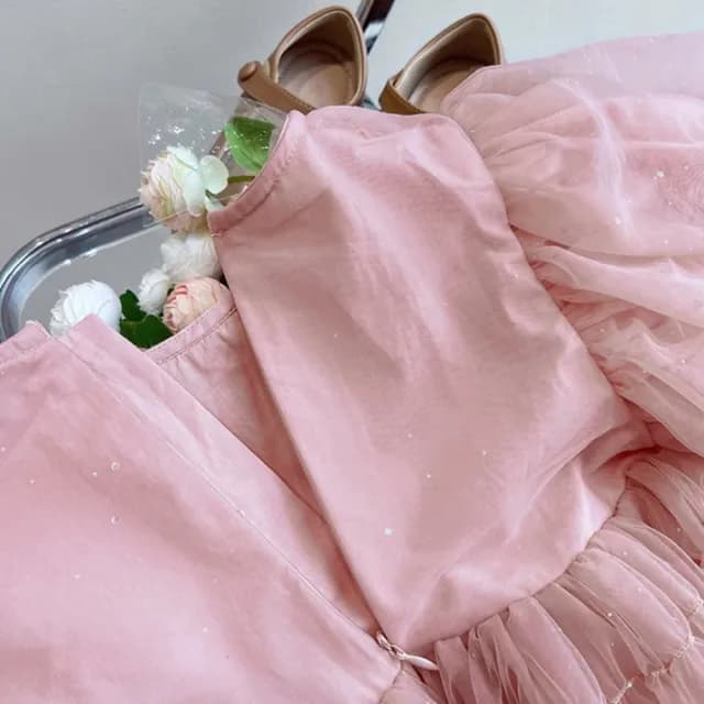 【橘魔法】仙氣抓皺閃亮紗質公主袖洋裝(連衣裙 連身裙 短袖洋裝 大童 女童 童裝 兒童 禮服)