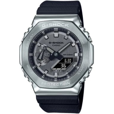 【CASIO 卡西歐】G-SHOCK 金屬時尚八角髮絲紋雙顯錶 情人節 禮物(GM-2100-1A/速)