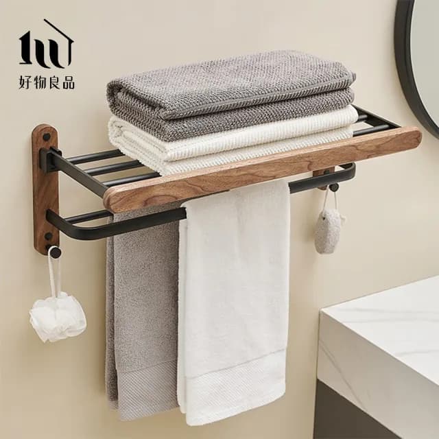 【好物良品】浴室防水防鏽原木收納雙層毛巾掛架(浴室掛架 保養品收納架 置物層架支架 置物架 浴室掛架)