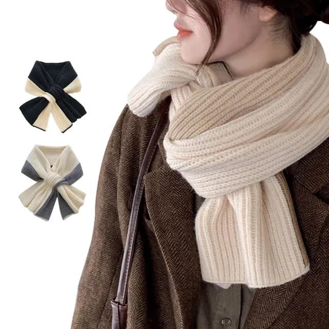 【QIDINA】韓版慵懶風圍巾百搭針織保暖拼色圍脖-A(短圍巾女 披肩圍巾 針織圍巾 脖圍)