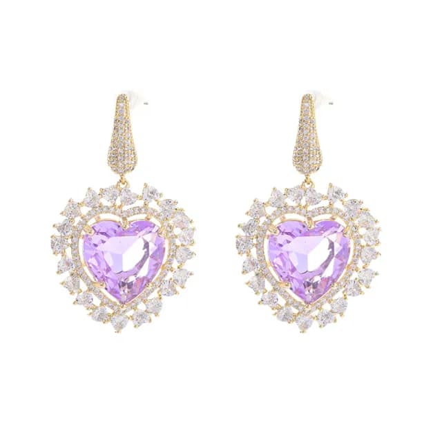 【VERDNIA】彩色鋯石925純銀針愛心造型耳環(歐美時尚潮流女飾品 淡金色耳飾耳針耳墜耳釘)