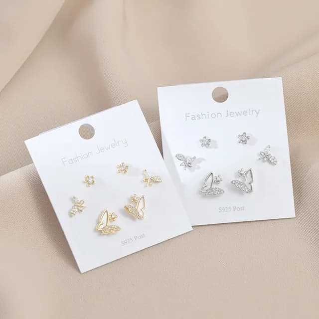 【Umi】一卡3對925純銀針微鑲鋯石蝴蝶造型耳環65651(日韓時尚潮流耳飾耳針耳墜耳釘)