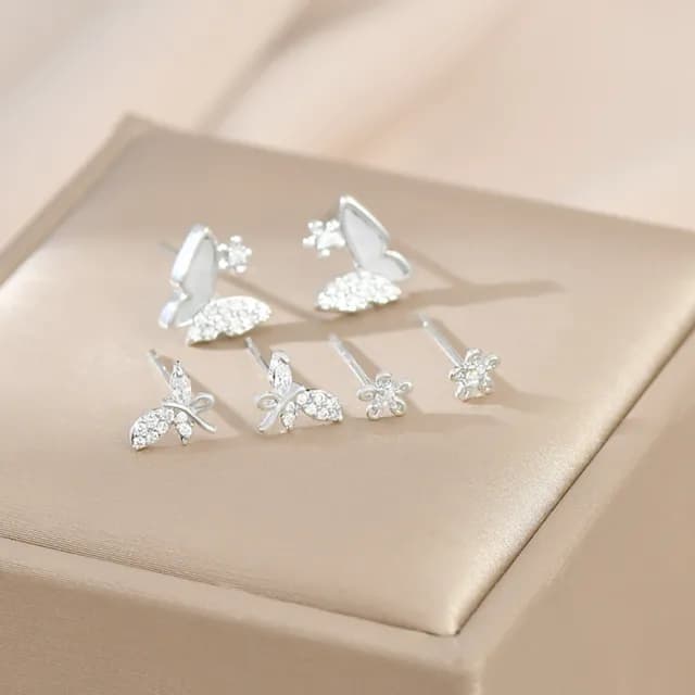 【Umi】一卡3對925純銀針微鑲鋯石蝴蝶造型耳環65651(日韓時尚潮流耳飾耳針耳墜耳釘)