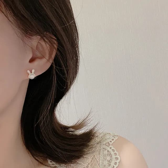 【Umi】925純銀針淡金色微鑲鋯石復古輕奢方形貓眼石小兔子耳朵造型耳環045(日韓時尚潮流耳飾耳針耳墜耳釘)