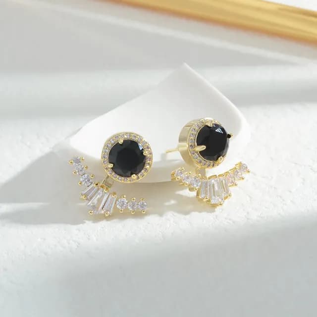 【Umi】925純銀針淡金色復古輕奢圓形寶石天使之翼微鑲鋯石耳環(日韓時尚潮流耳飾耳針耳墜耳釘)