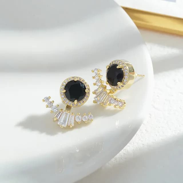 【Umi】925純銀針淡金色復古輕奢圓形寶石天使之翼微鑲鋯石耳環(日韓時尚潮流耳飾耳針耳墜耳釘)