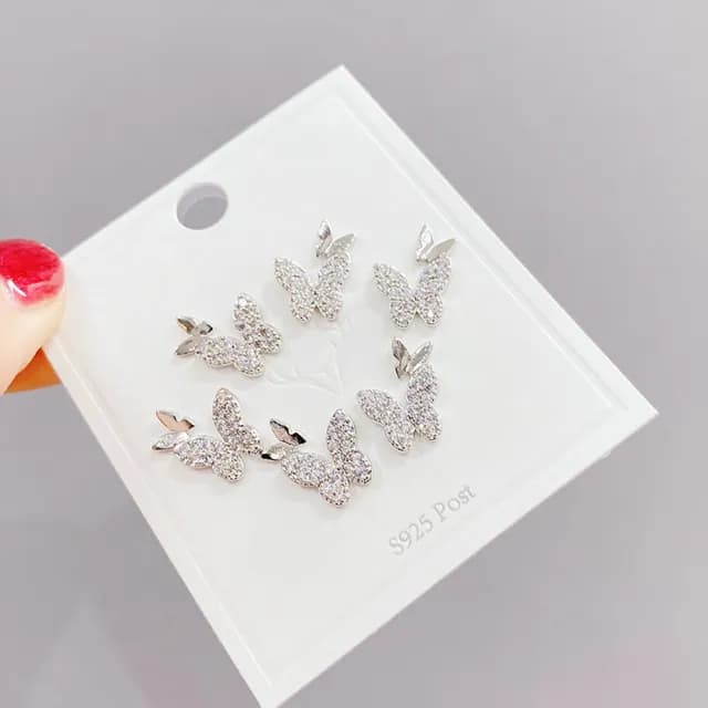 【Umi】一卡3對925純銀針微鑲鋯石蝴蝶造型耳環589(日韓時尚潮流耳飾耳針耳墜耳釘)