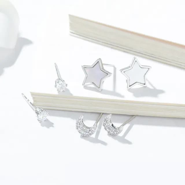 【Umi】一卡3對925純銀針微鑲鋯石星星月亮造型耳環(日韓時尚潮流耳飾耳針耳墜耳釘)