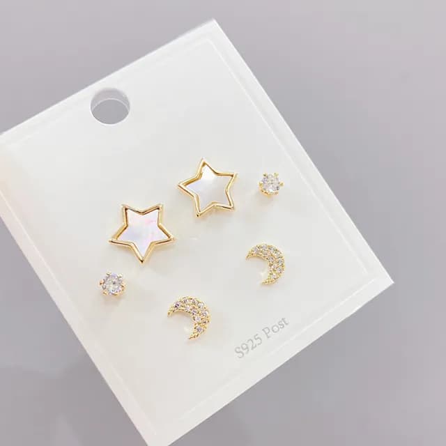 【Umi】一卡3對925純銀針微鑲鋯石星星月亮造型耳環(日韓時尚潮流耳飾耳針耳墜耳釘)