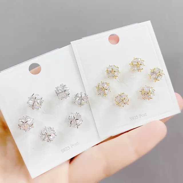 【Umi】一卡3對925純銀針微鑲鋯石立體圓形圓球造型耳環(日韓時尚潮流耳飾耳針耳墜耳釘)