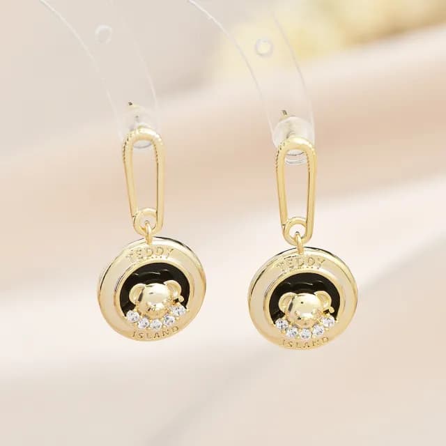 【Umi】925純銀針淡金色微鑲鋯石復古輕奢獨創設計小熊耳環(日韓時尚潮流耳飾耳針耳墜耳釘)