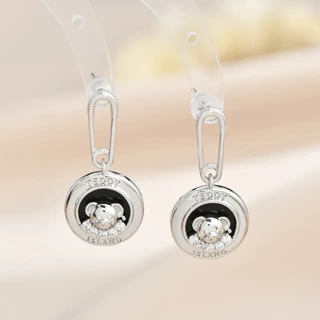 【Umi】925純銀針淡金色微鑲鋯石復古輕奢獨創設計小熊耳環(日韓時尚潮流耳飾耳針耳墜耳釘)