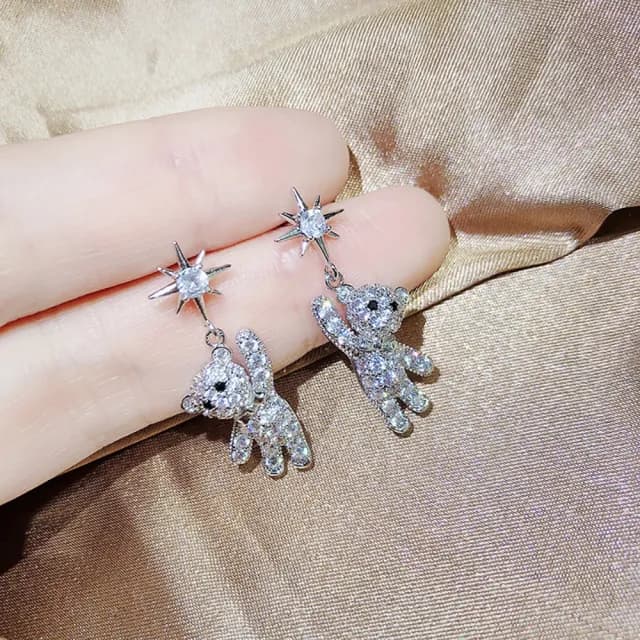 【Umi】925純銀針淡金色微鑲鋯石小熊與單鋯石八芒星星耳環(日韓時尚潮流耳飾耳針耳墜耳釘)