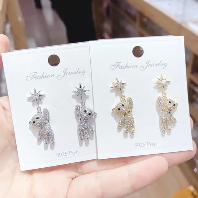 【Umi】925純銀針淡金色微鑲鋯石小熊與單鋯石八芒星星耳環(日韓時尚潮流耳飾耳針耳墜耳釘)